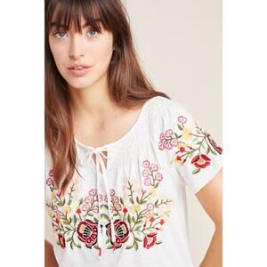 Anthropologie Embroidered Floral Peasant Top White Size L